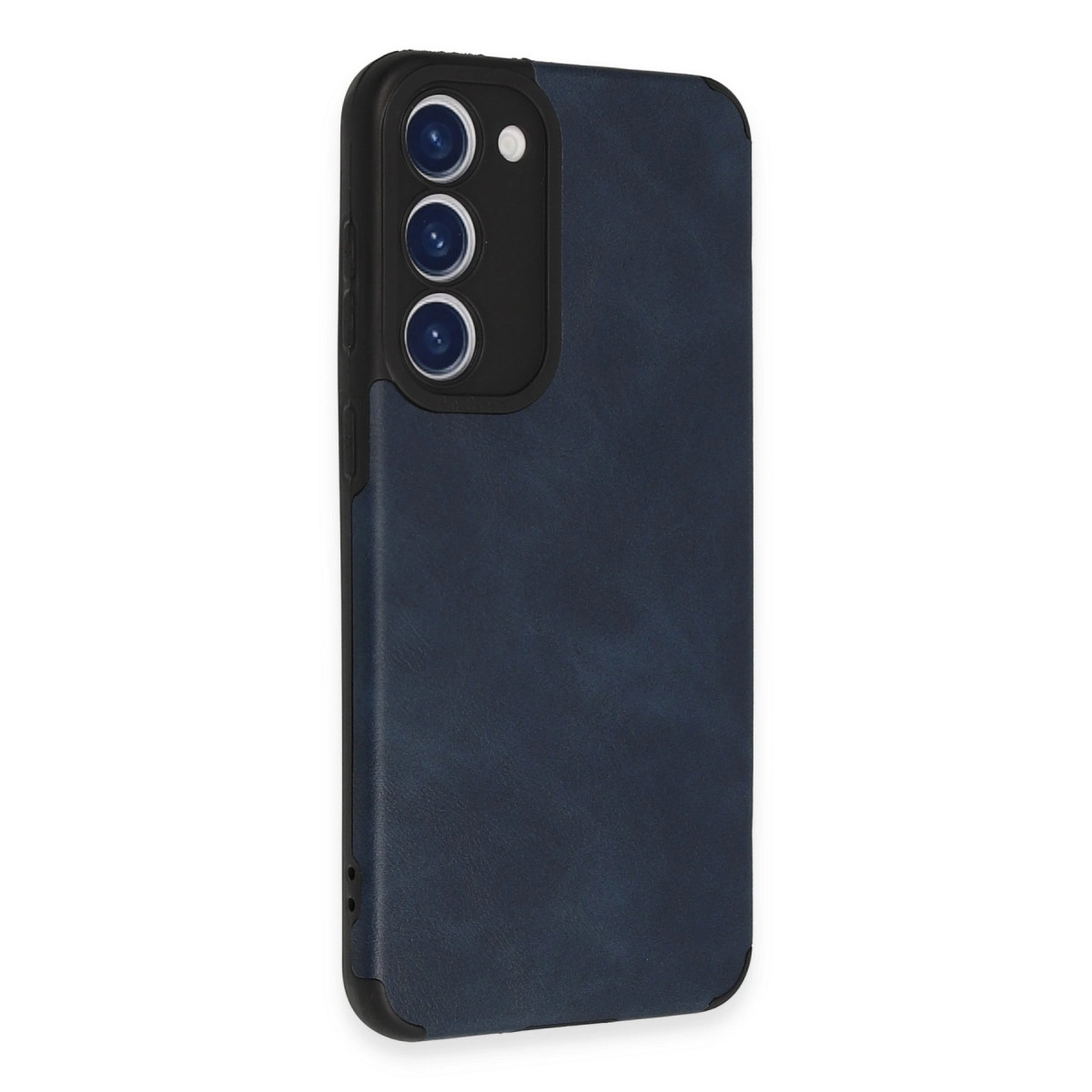 Üç lensli siyah kamera çerçeveli lacivert telefon kılıfı.