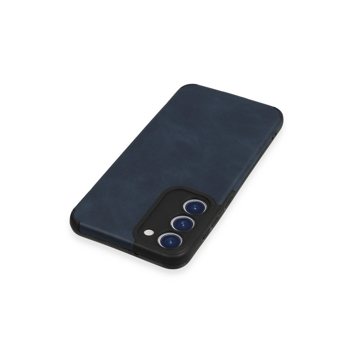 Üç kamera lensli ve flaşlı lacivert telefon kılıfı.