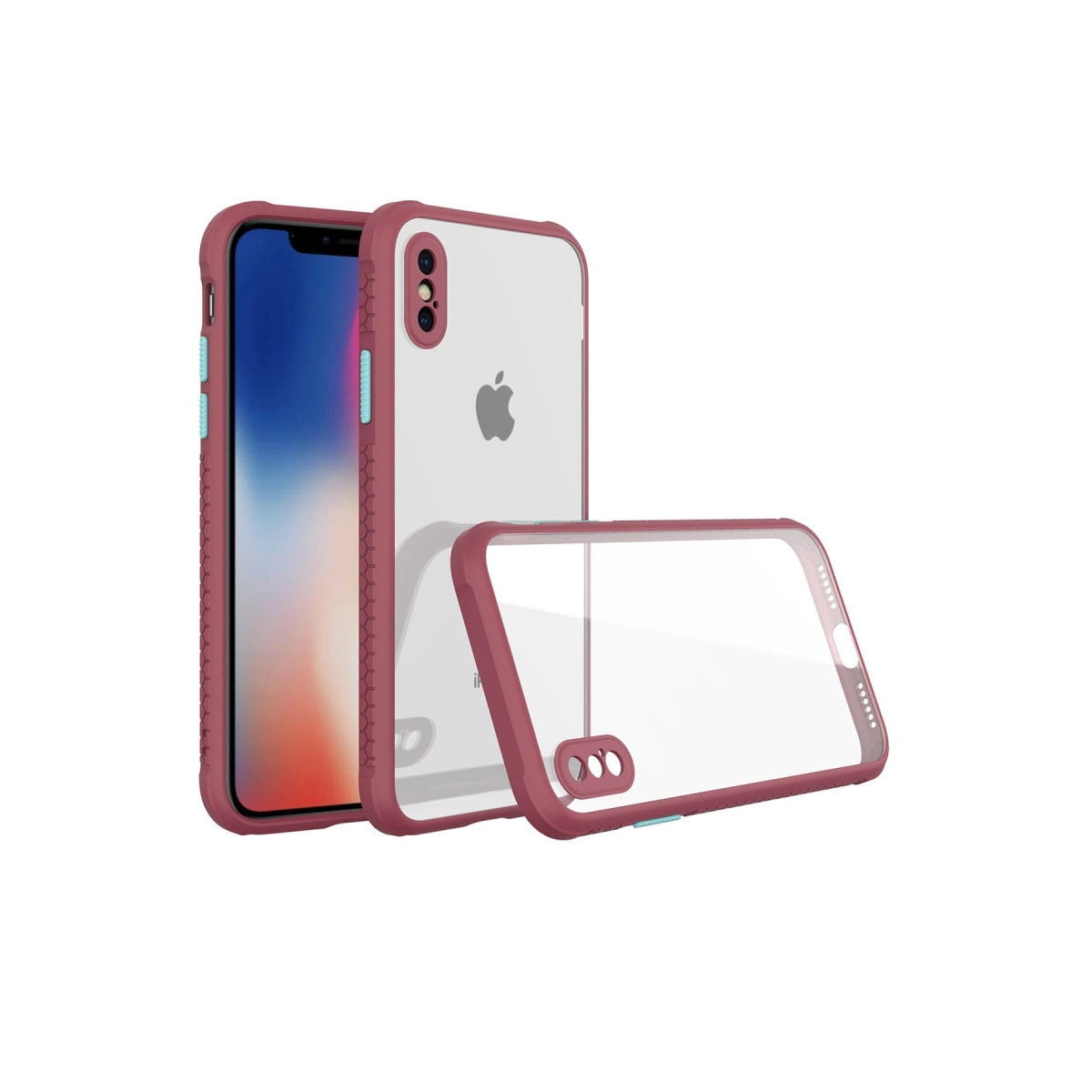 Şeffaf arkalı, gül rengi telefon kılıfı ve bir telefon.