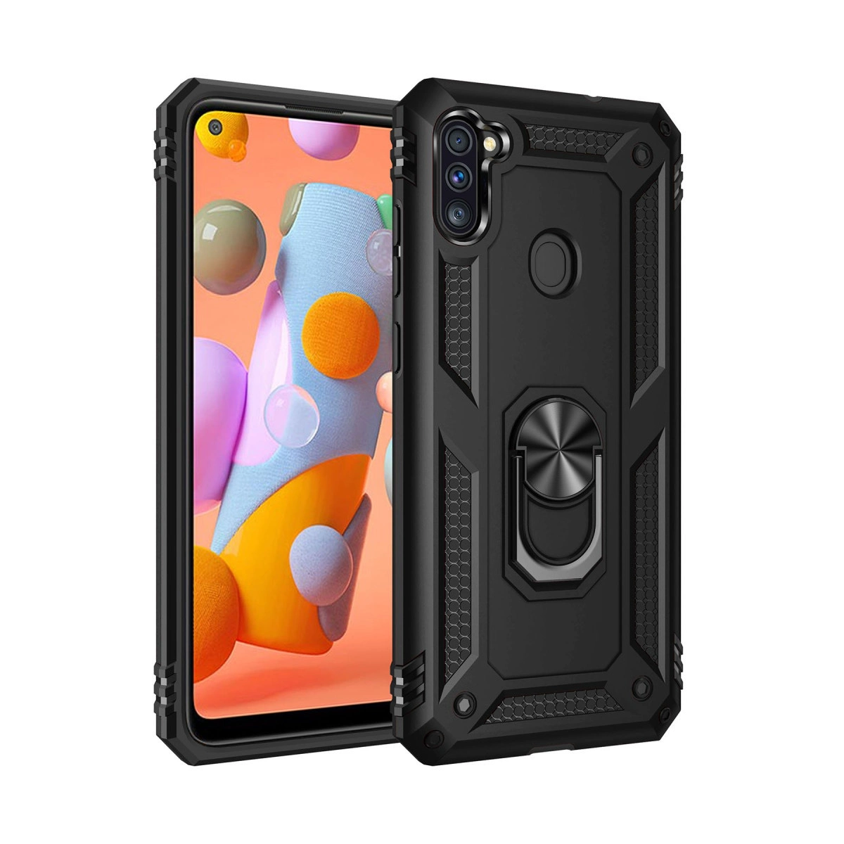 Halka tutuculu ve kamera kesimli siyah telefon kılıfı.