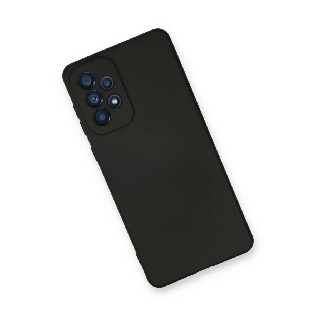 Arkası kamera çıkıntılı siyah akıllı telefon, beyaz zeminde duruyor.