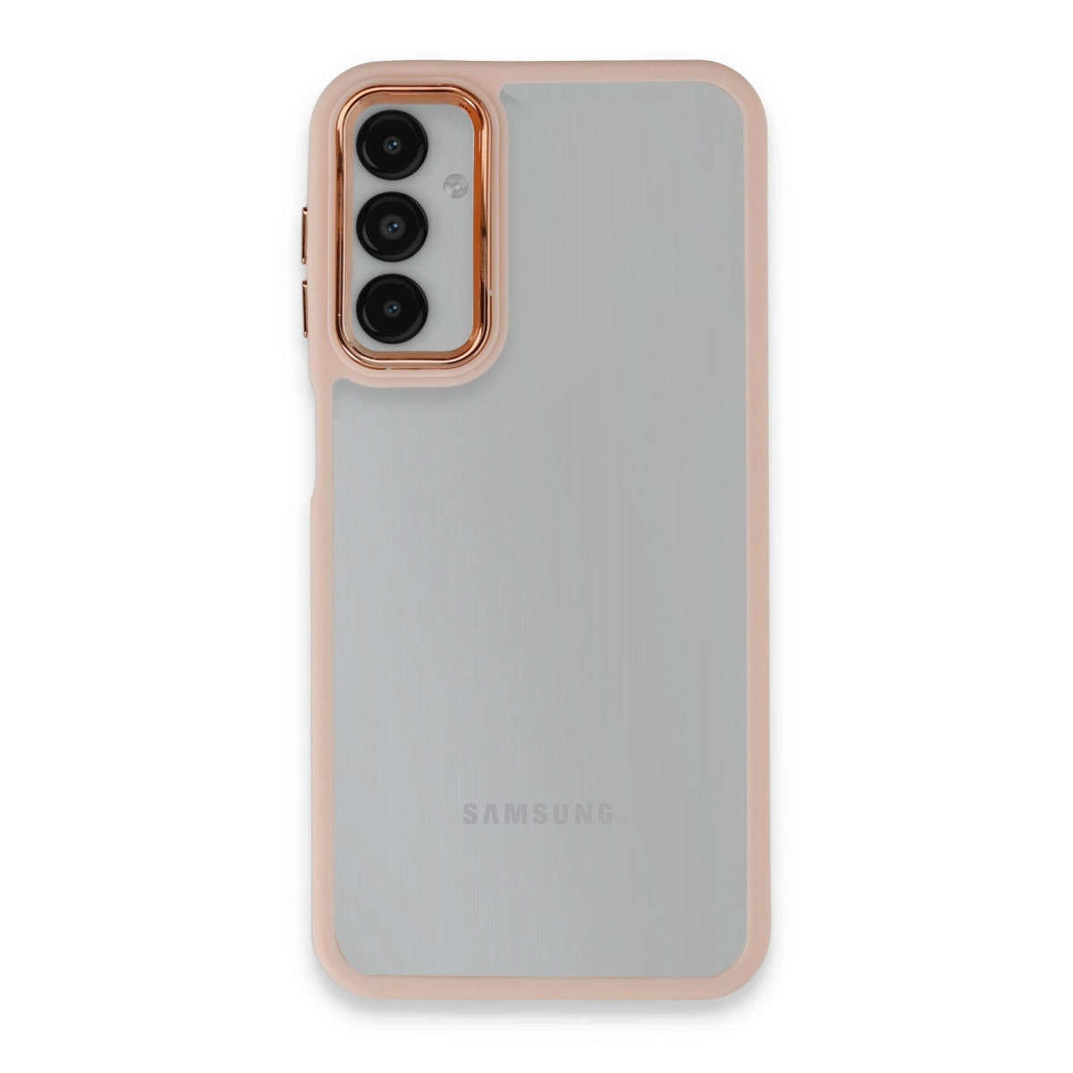Üç kameralı, pembe çerçeveli akıllı telefonun arkası.