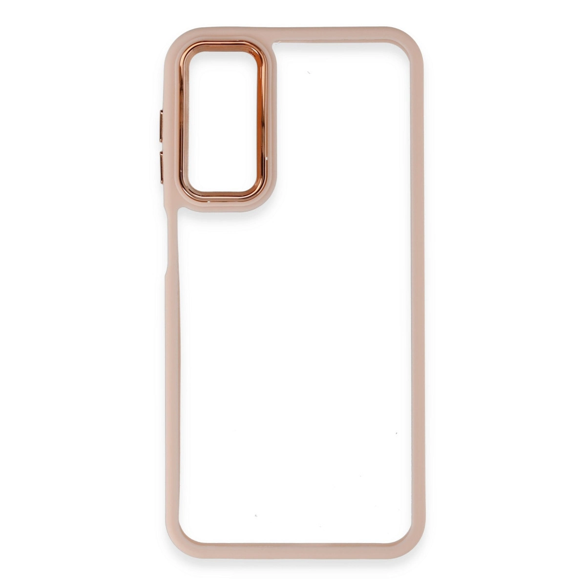 Şeffaf arka ve kamera kesimli, rose gold renkli telefon kılıfı.