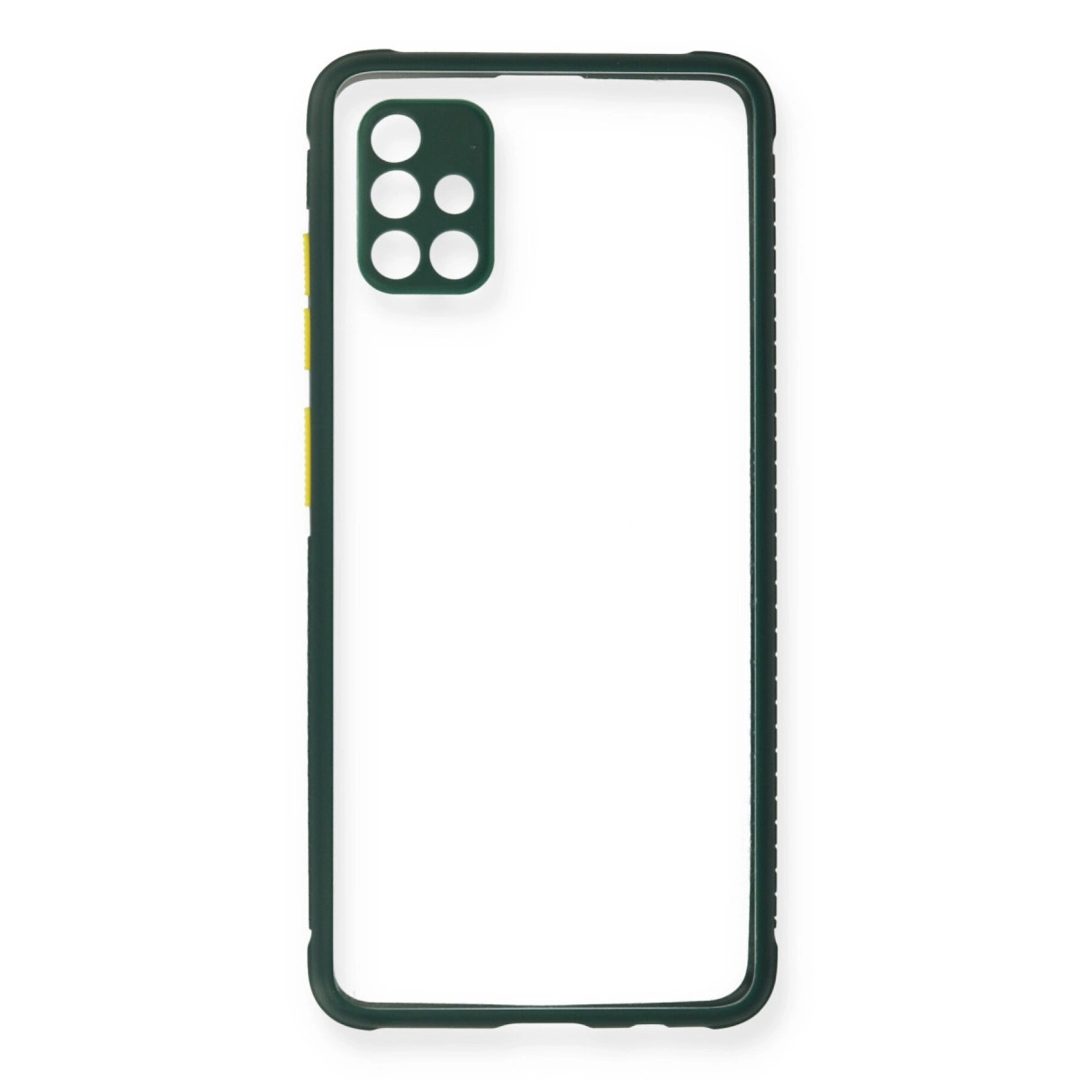 Şeffaf orta ve kamera oyuğuna sahip koyu yeşil telefon kılıfı.