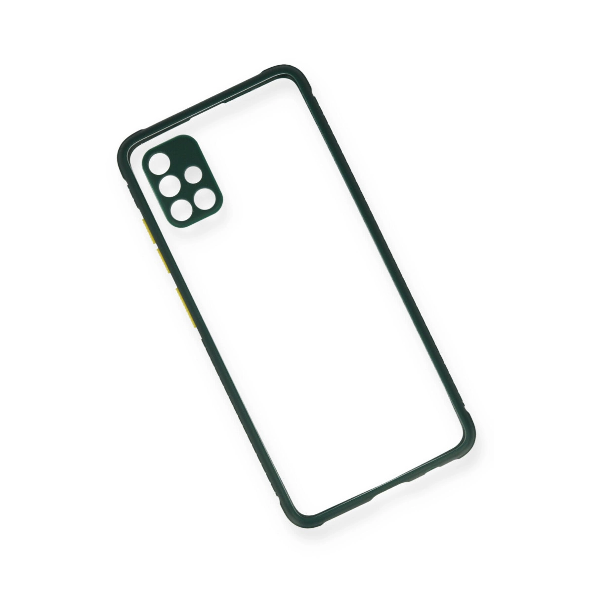 Dört kamera lensli, koyu çerçeveli şeffaf telefon kılıfı.