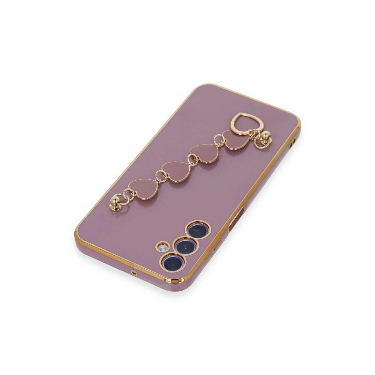 Altın çerçeveli mor telefon kılıfı, kalp şeklinde takı bileklikli, beyaz zeminde.