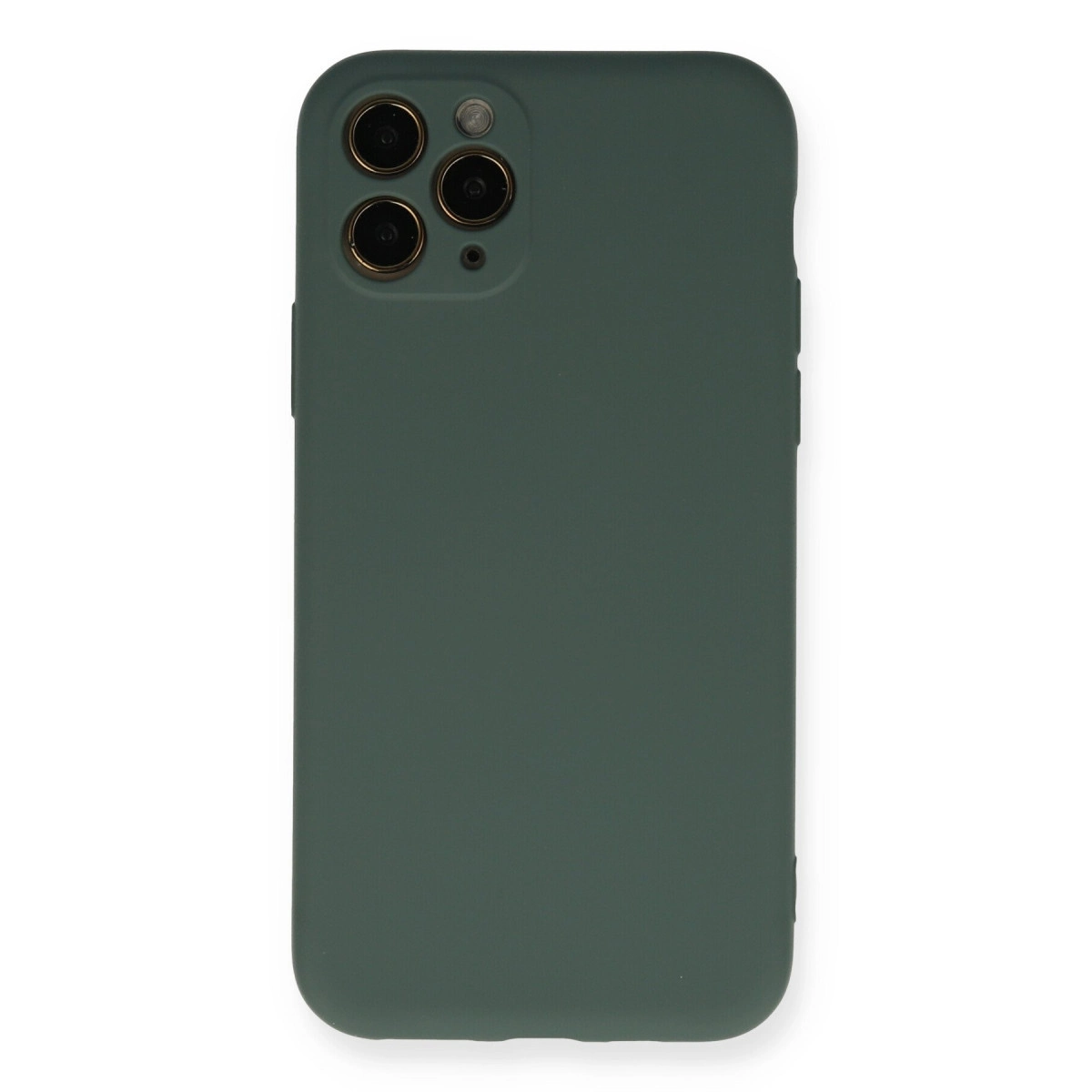 Arkada üç kamera lensli koyu yeşil telefon kılıfı.