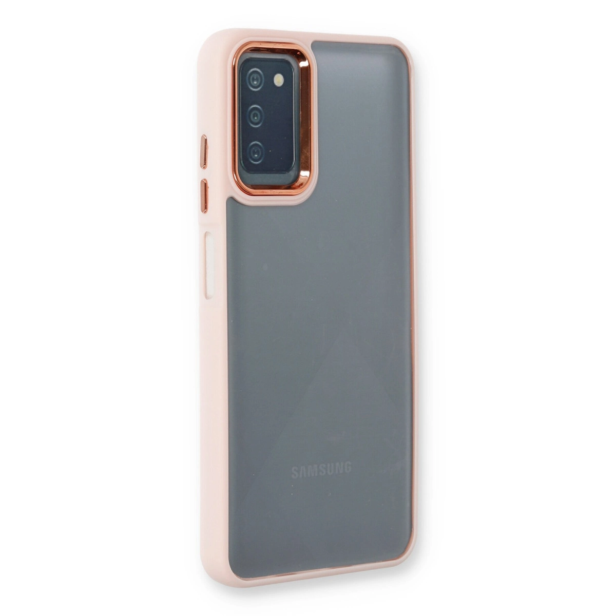 Gri arka ve kamera kesimli pembe Samsung telefon kılıfı.