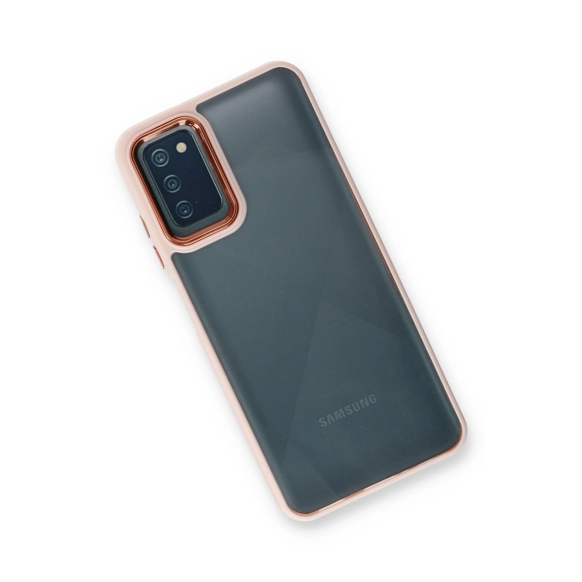 Rose altın çerçeveli ve kamera çıkıntılı koyu gri telefon kılıfı.