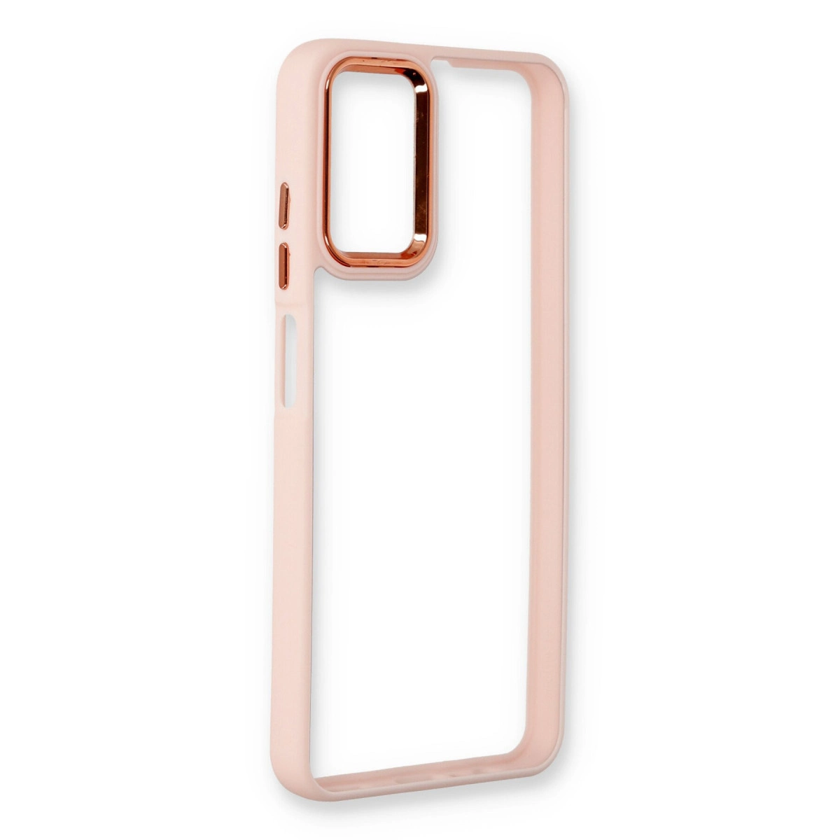 Beyaz arka plan üzerinde rose gold kamera çerçeveli pembe telefon kılıfı.