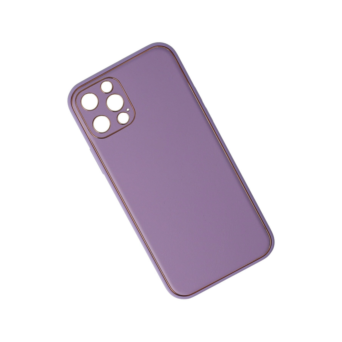 Dört kamera lens açıklığı ve altın kenarlıklı mor telefon kılıfı.