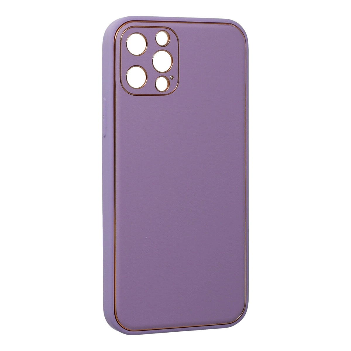 Altın kenarlı, kamera oyuntulu mor telefon kılıfı.