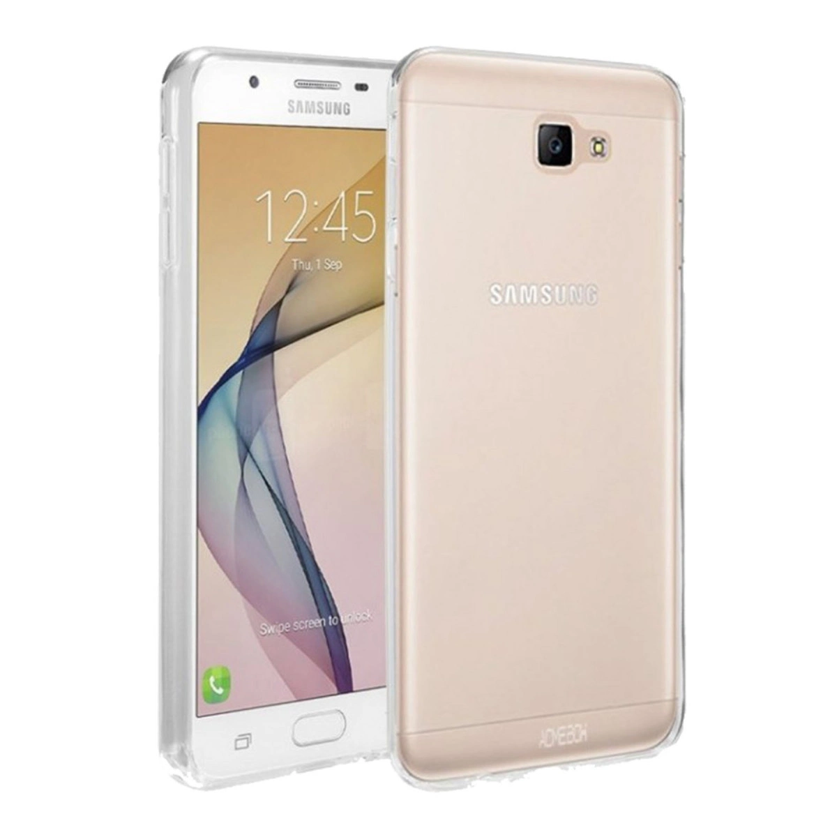 Şeffaf kılıfta bir Samsung akıllı telefon, beyaz arka plan üzerinde gösteriliyor.