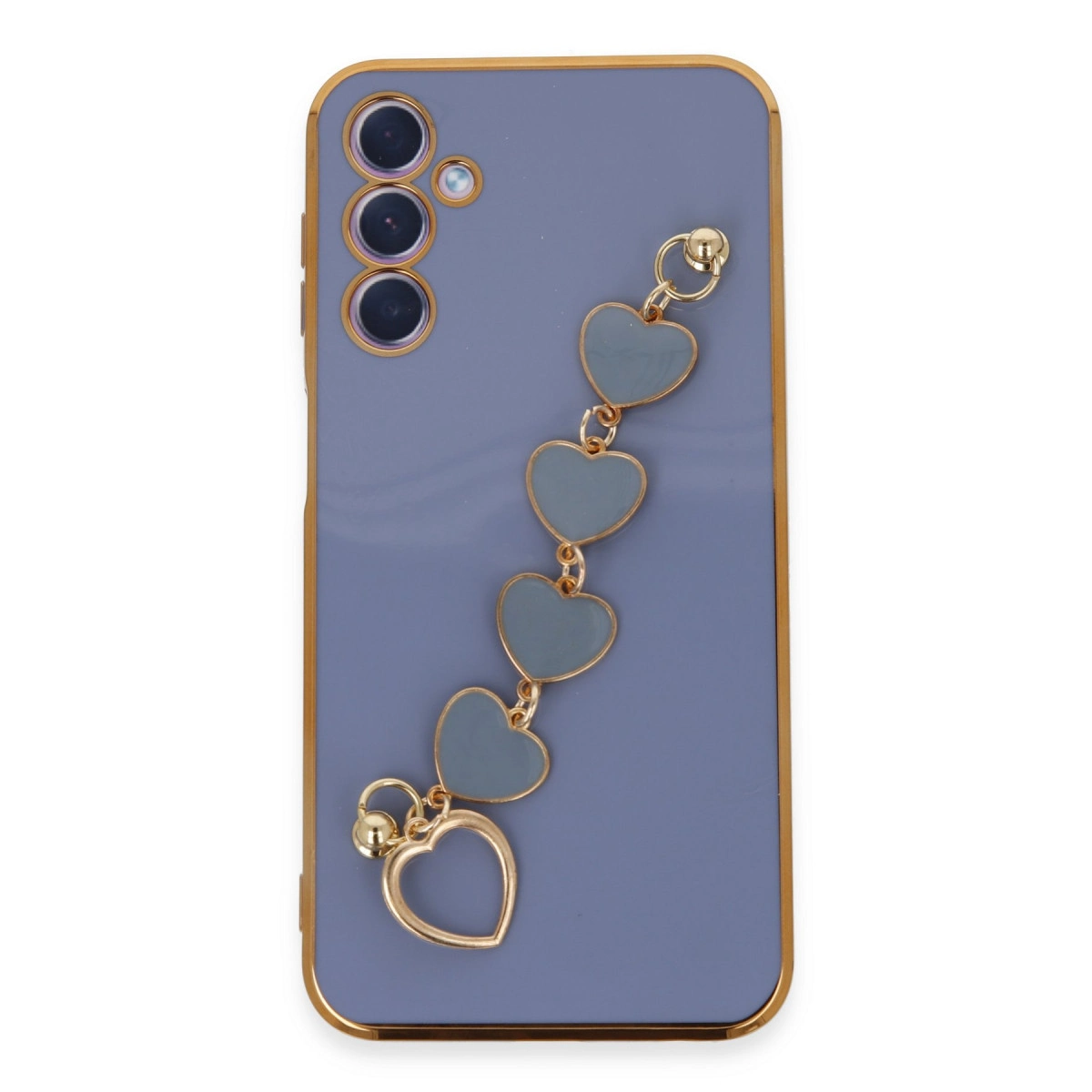Altın kenarlı mor telefon kılıfı ve kalp charm zinciri.