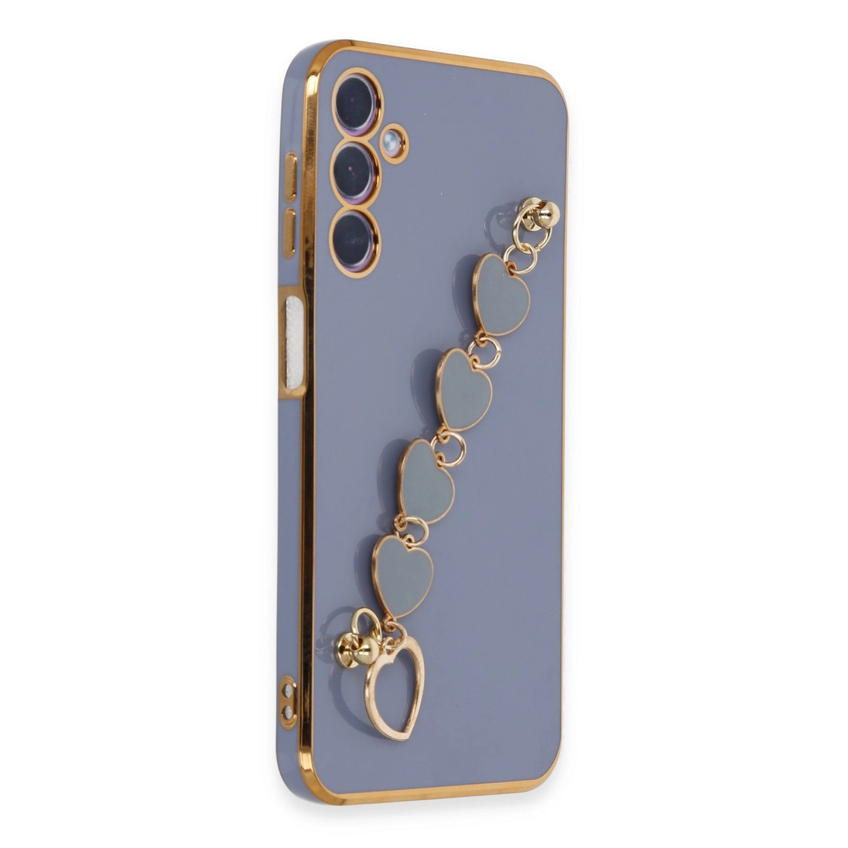 Altın kenarlı mor telefon kılıfı ve kalp charm bileklik, üç kamera.