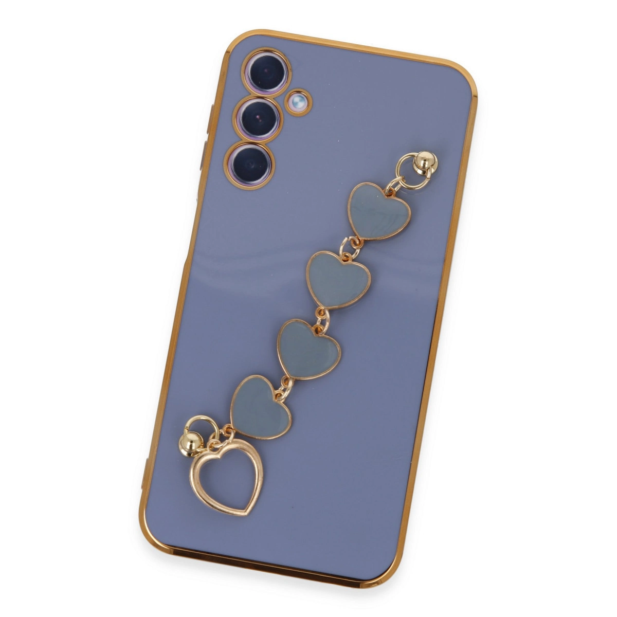 Altın süslemeli mor telefon kılıfı ve kalp charm zinciri.