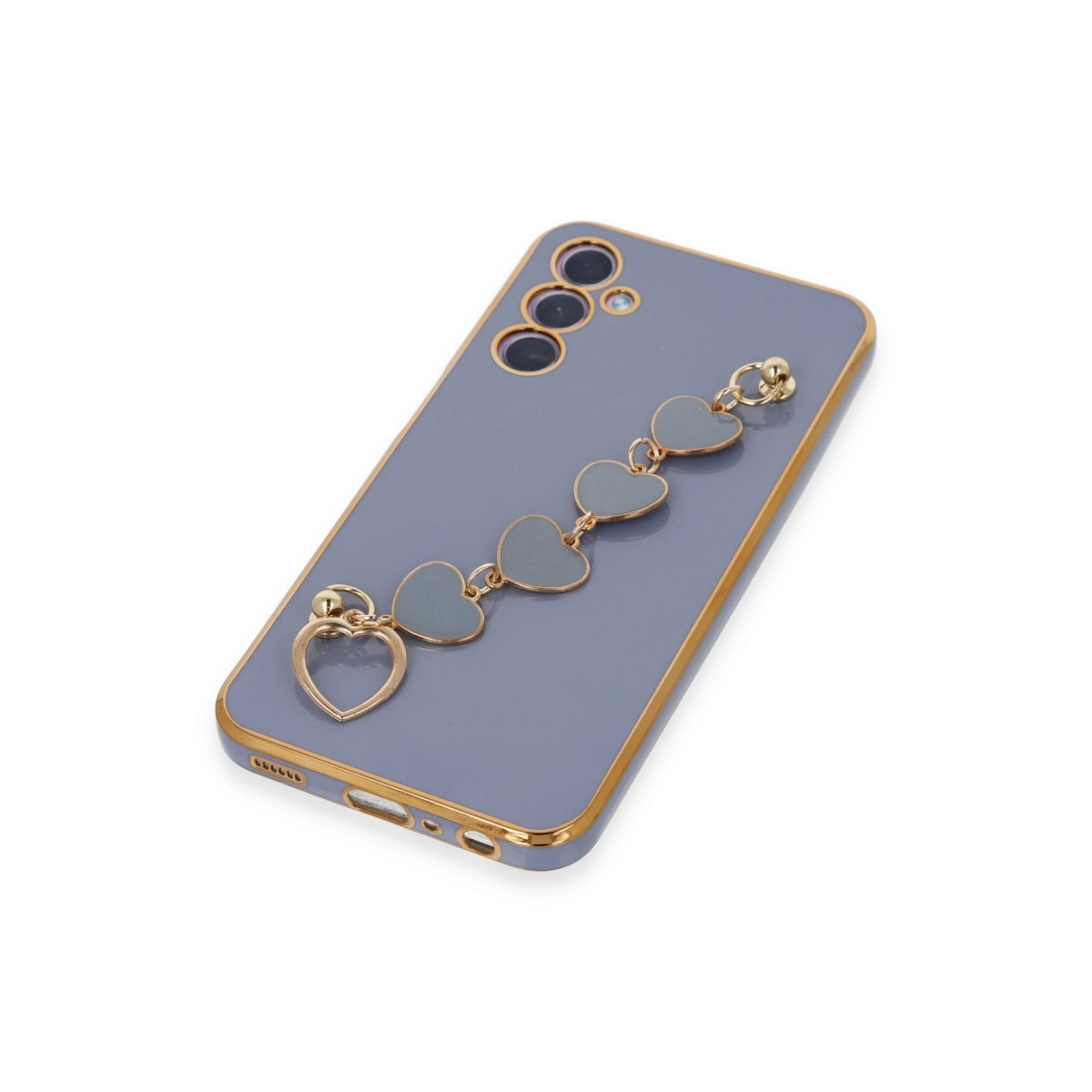 Altın kenarlı gri telefon kılıfı ve kalp charm bileklik, beyaz arka plan.
