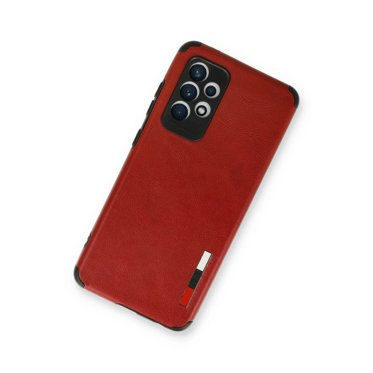 Kamera birimi ve şerit vurgusu olan kırmızı telefon kılıfı.
