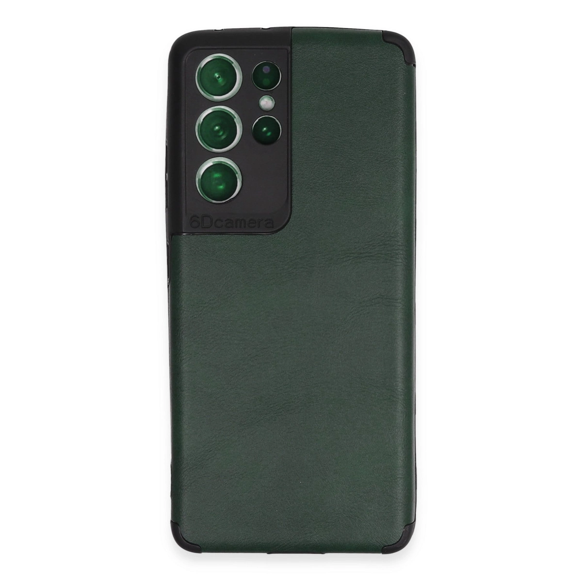 Dört lensli kamera modülüne sahip koyu yeşil telefon kılıfı.