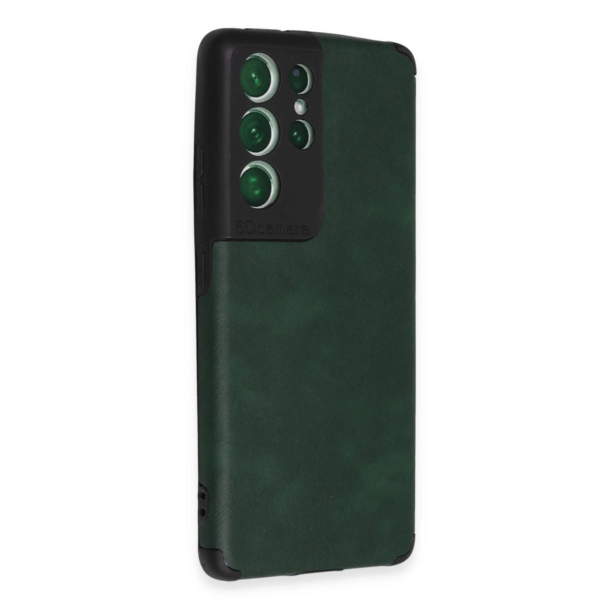Dört lensli dikdörtgen kamera modülüne sahip koyu yeşil telefon kılıfı.