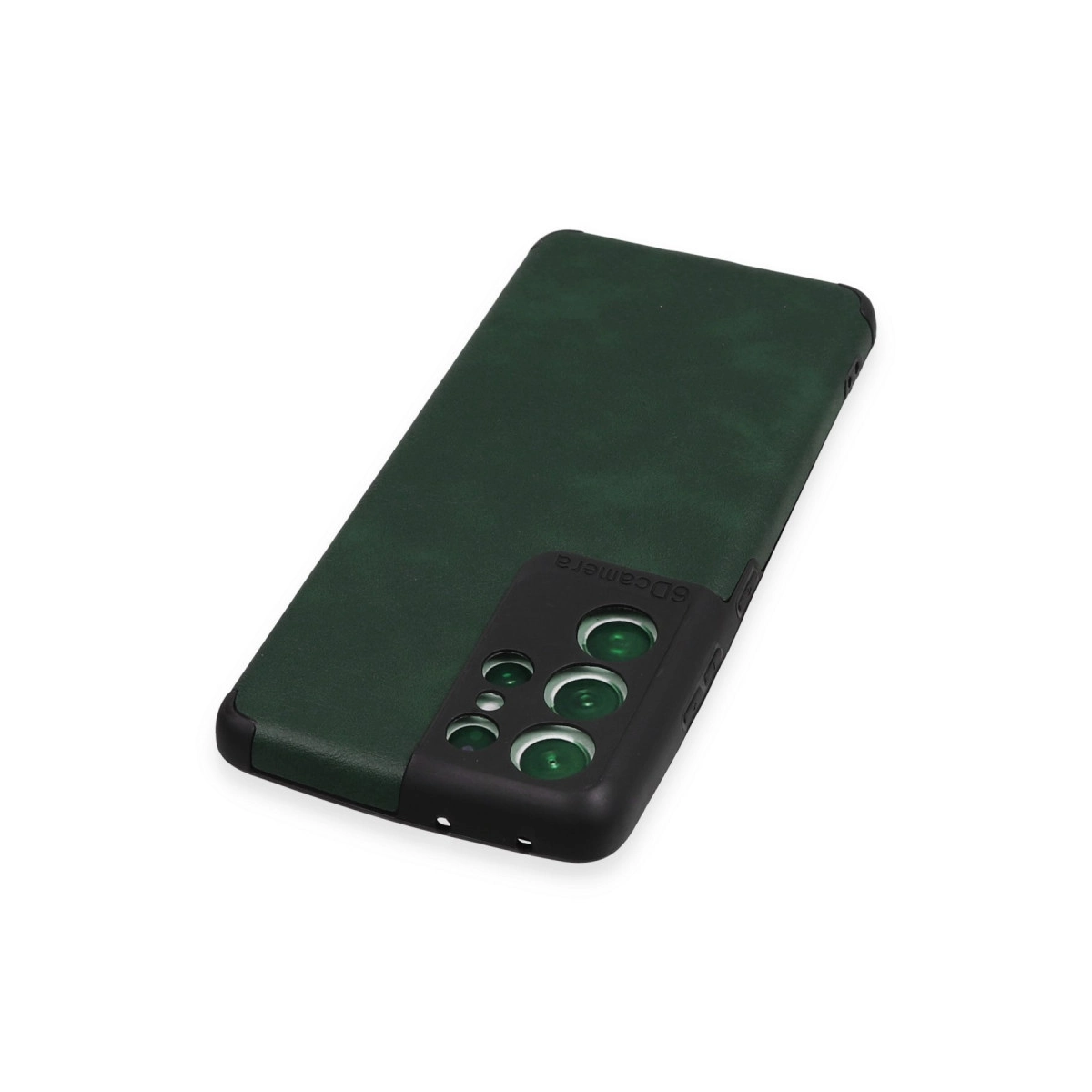 Çoklu lensli siyah kamera yuvalı koyu yeşil telefon kılıfı.