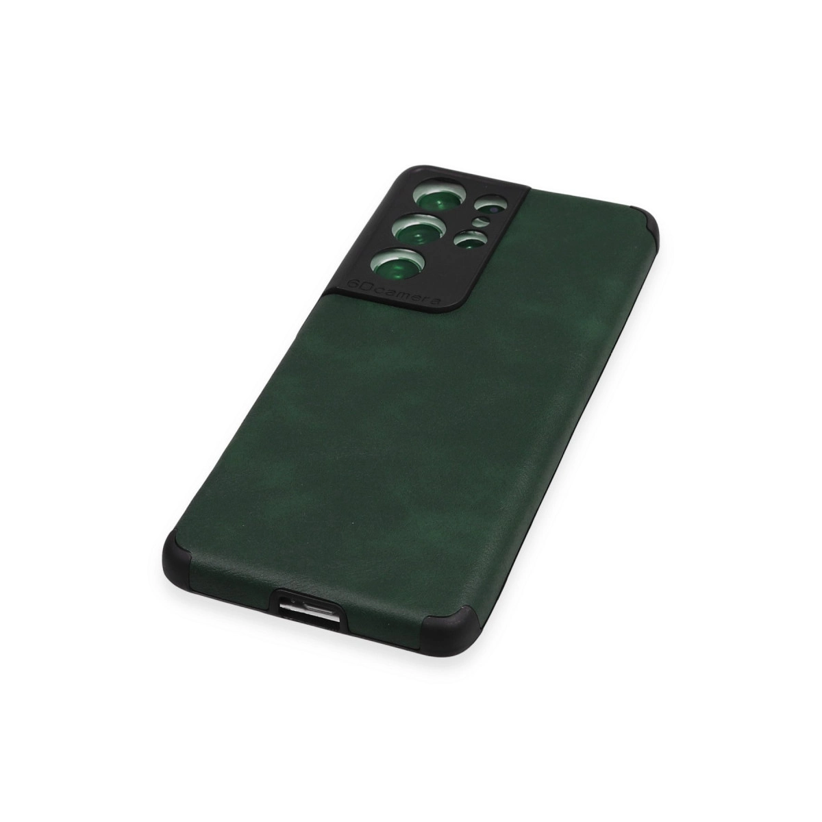 Siyah kamera modüllü koyu yeşil telefon kılıfı, beyaz zeminde.