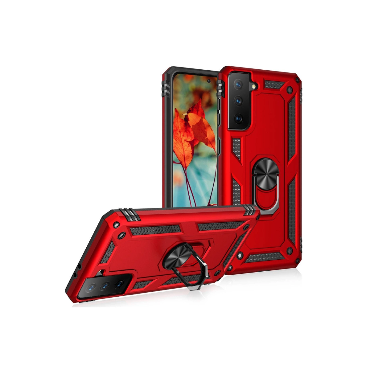 Halka tutuculu iki kırmızı telefon kılıfı, biri dik, biri yatay.