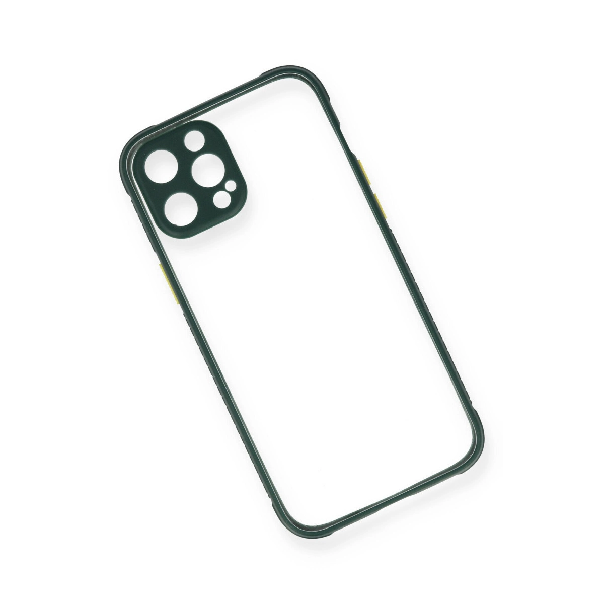 Koyu kenarlı ve kamera kesimli şeffaf telefon kılıfı.