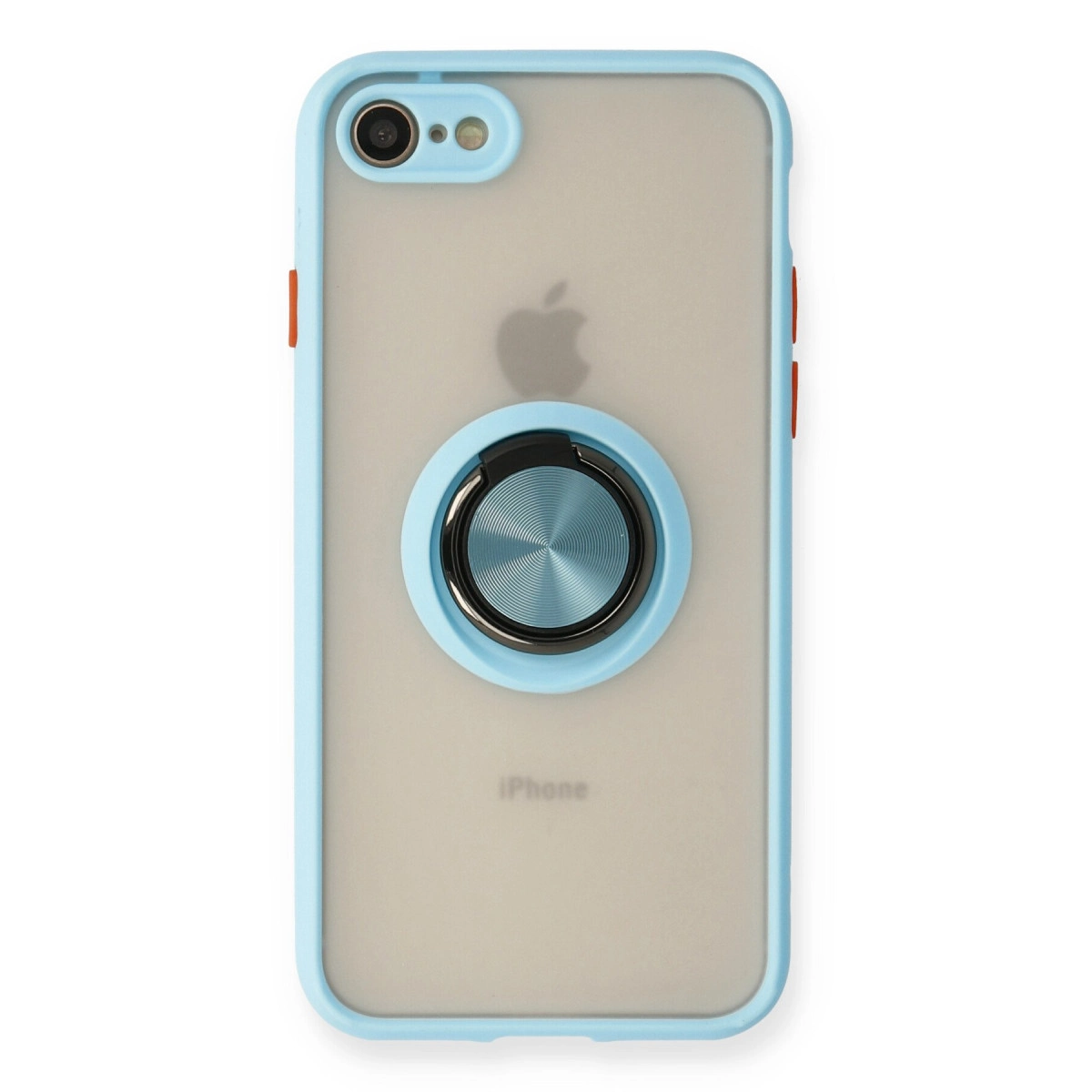 Şeffaf arka ve halka tutuculu açık mavi iPhone kılıfı.