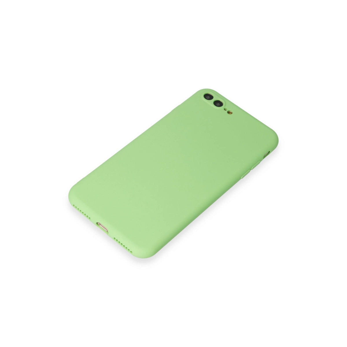 Açık yeşil telefon kılıfı, kamera kesiği ve şarj portu.