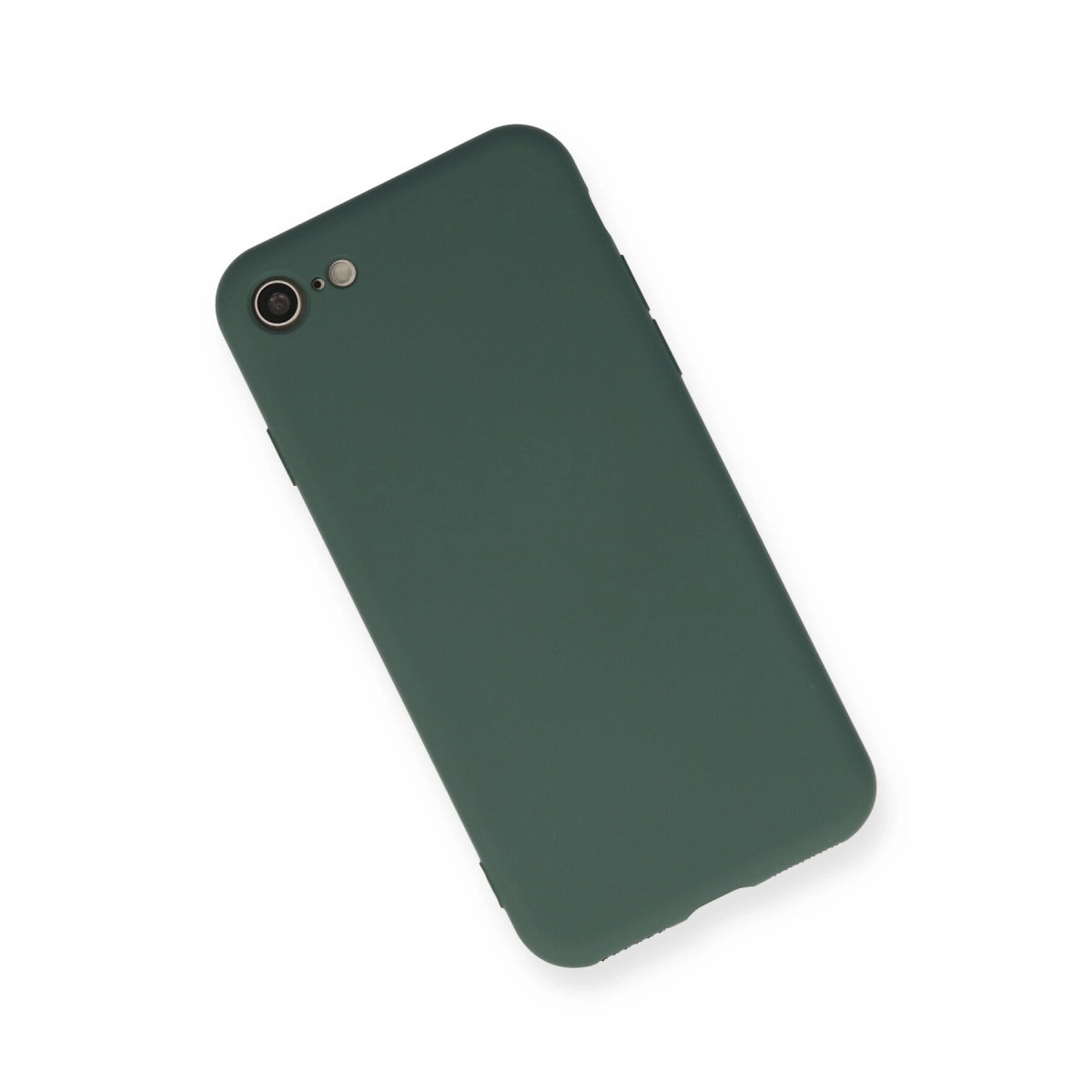 Kamera oyuntulu koyu yeşil telefon kılıfı beyaz arka plan üzerinde.