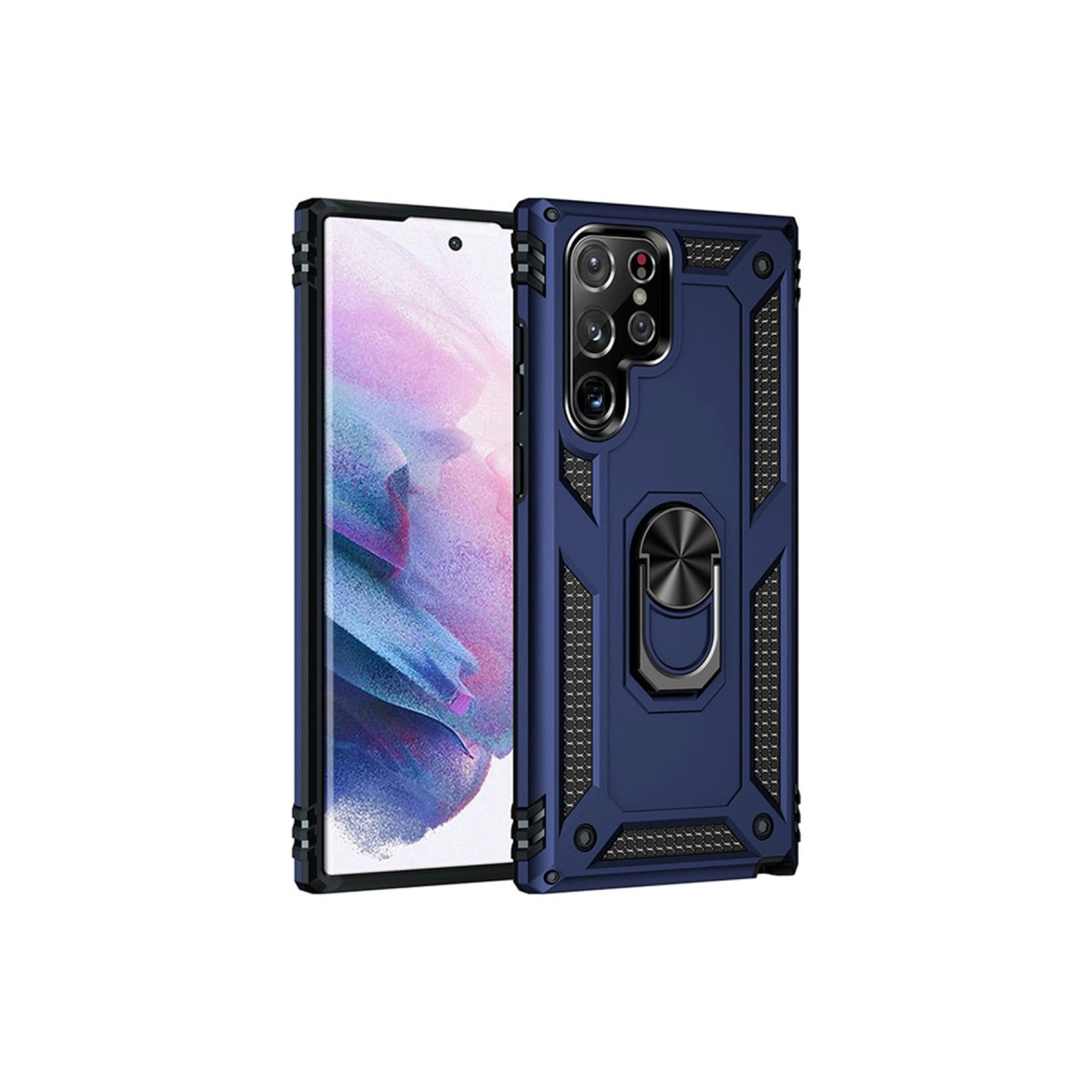 Halka tutuculu ve kamera modüllü lacivert telefon kılıfı.
