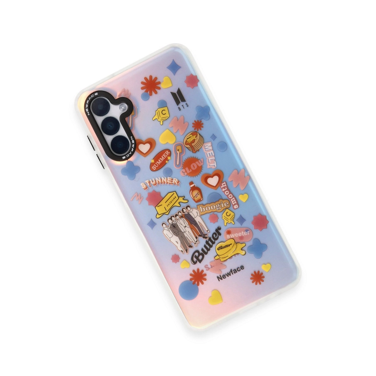 Pastel renklerde BTS motifli şeffaf telefon kılıfı.