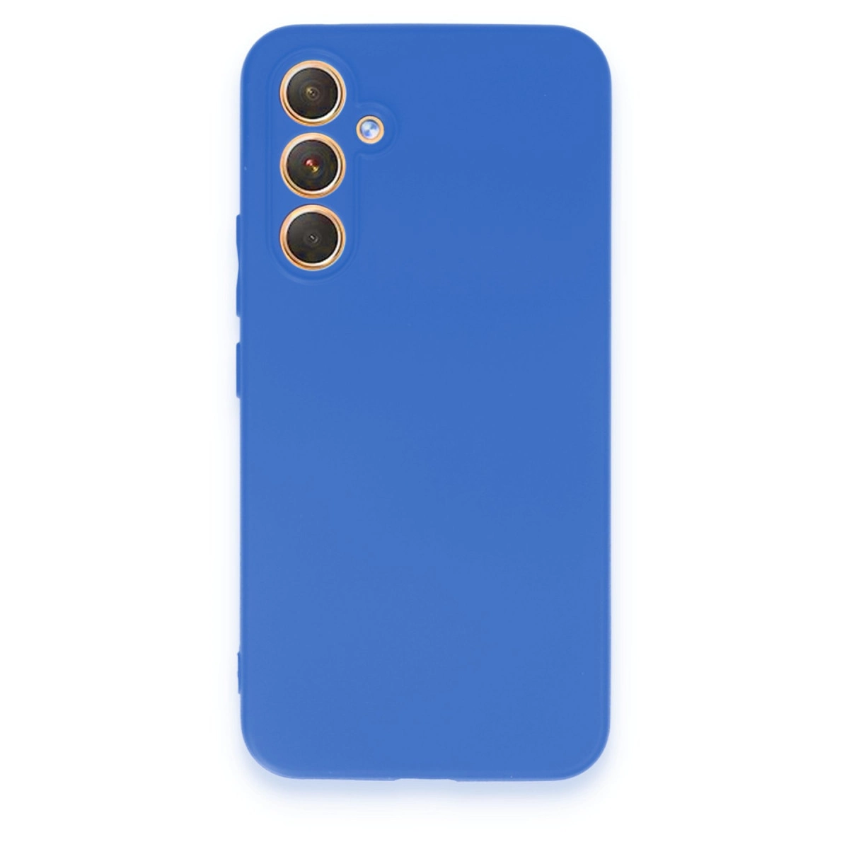 Üç kamera dairesi ve flaşlı mavi telefon kılıfı.