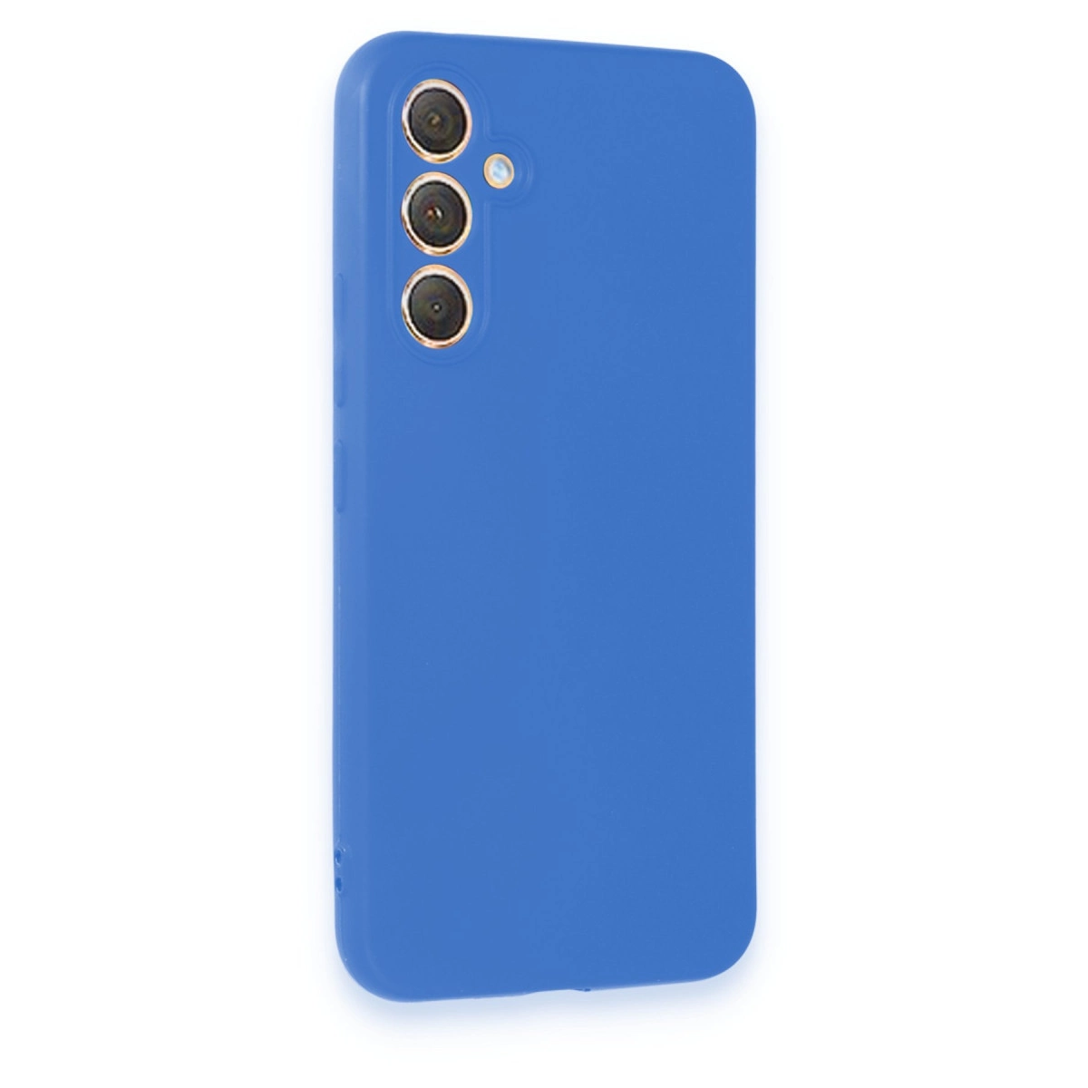 Üç kameralı ve flaşlı mavi telefon kılıfı.