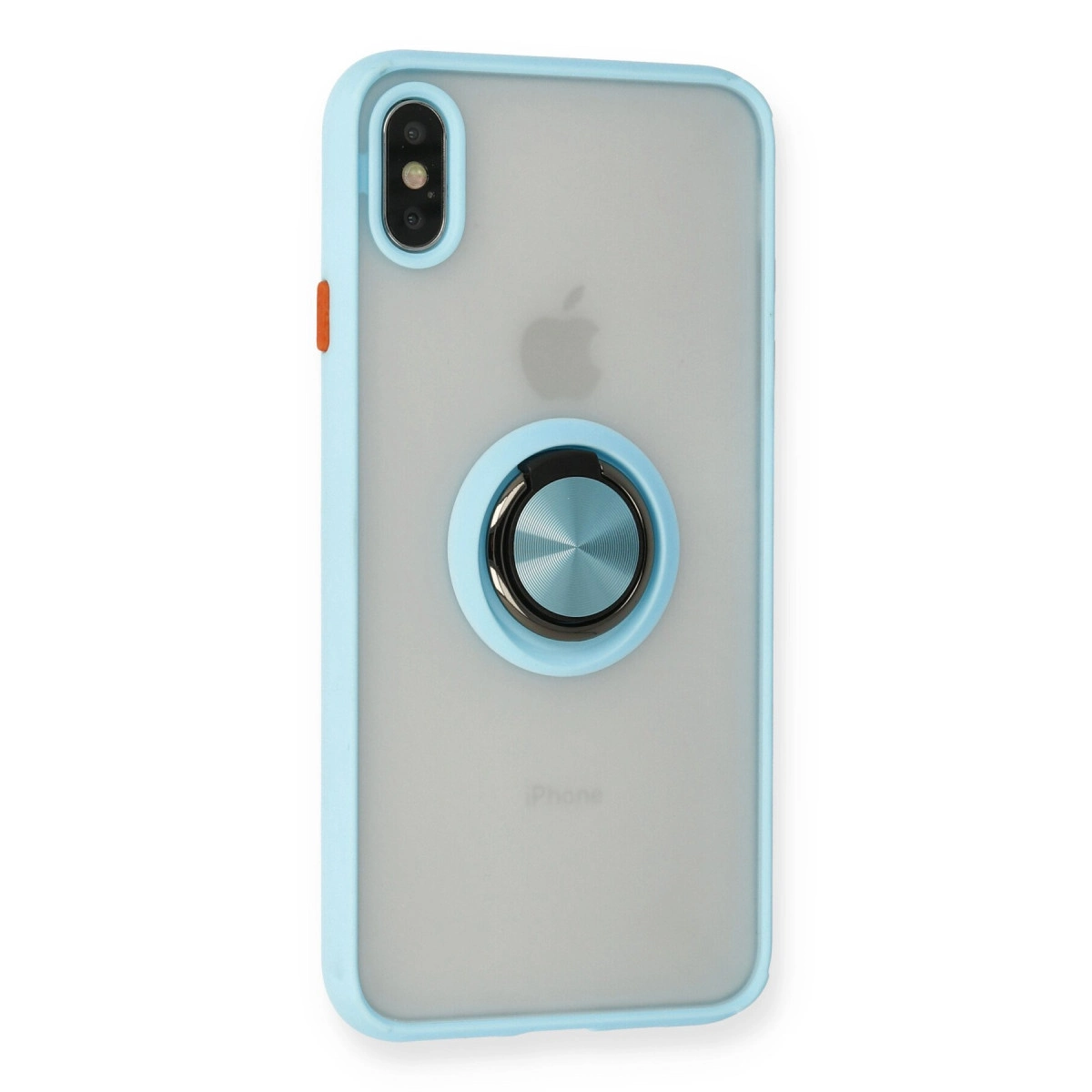 Arkada metalik mavi halka tutucu bulunan açık mavi iPhone kılıfı.