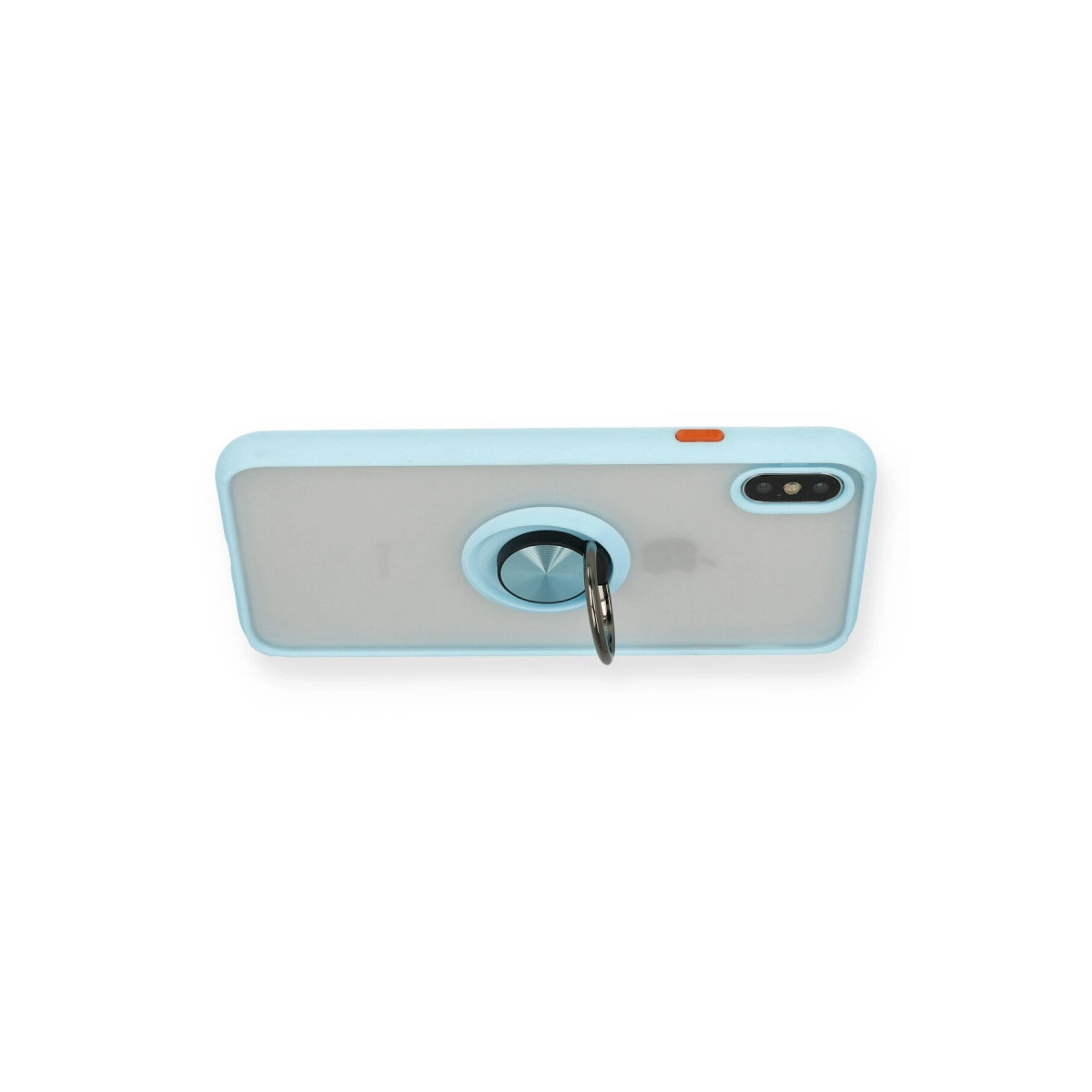 Şeffaf arkalı ve gümüş halkalı açık mavi telefon kılıfı.