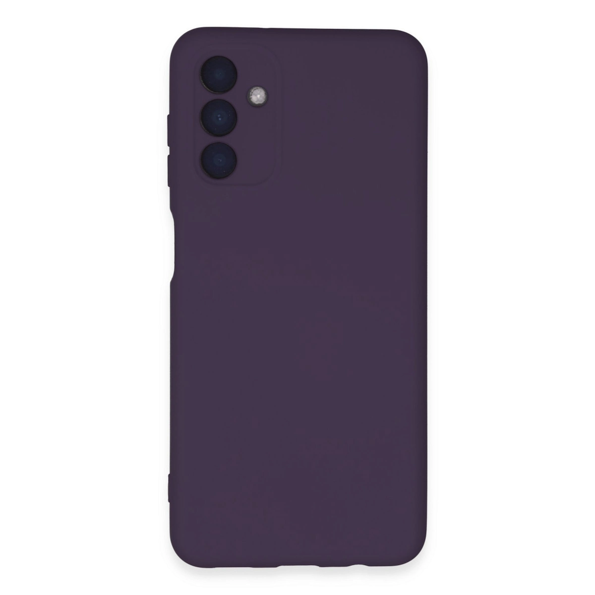 Arkada üç kamerası olan mor bir telefon kılıfı.