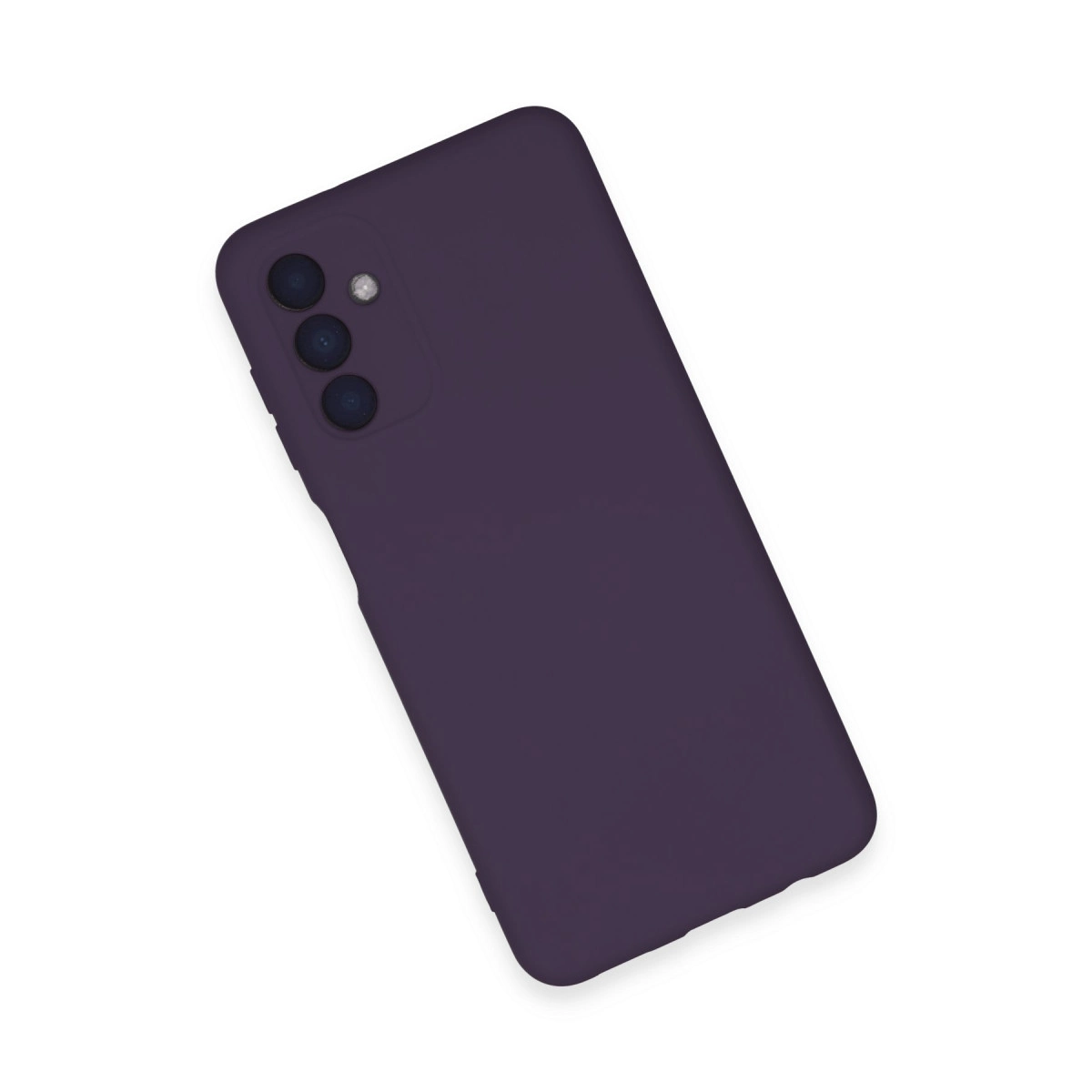 Sol üstte üç kamera lensli koyu mor telefon kılıfı.