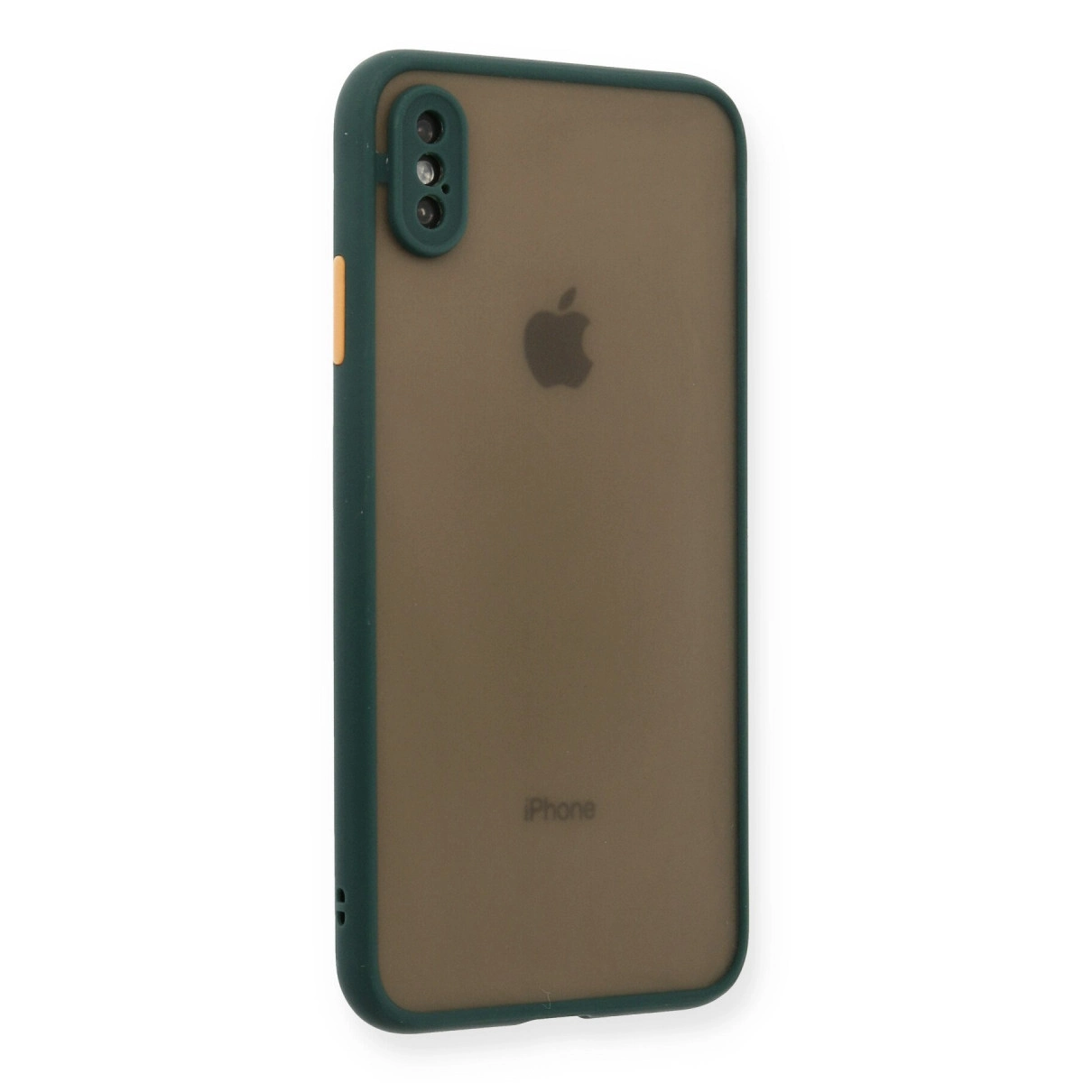 Yeşil kenarlı ve kamera lensli koyu kahverengi iPhone kılıfı.