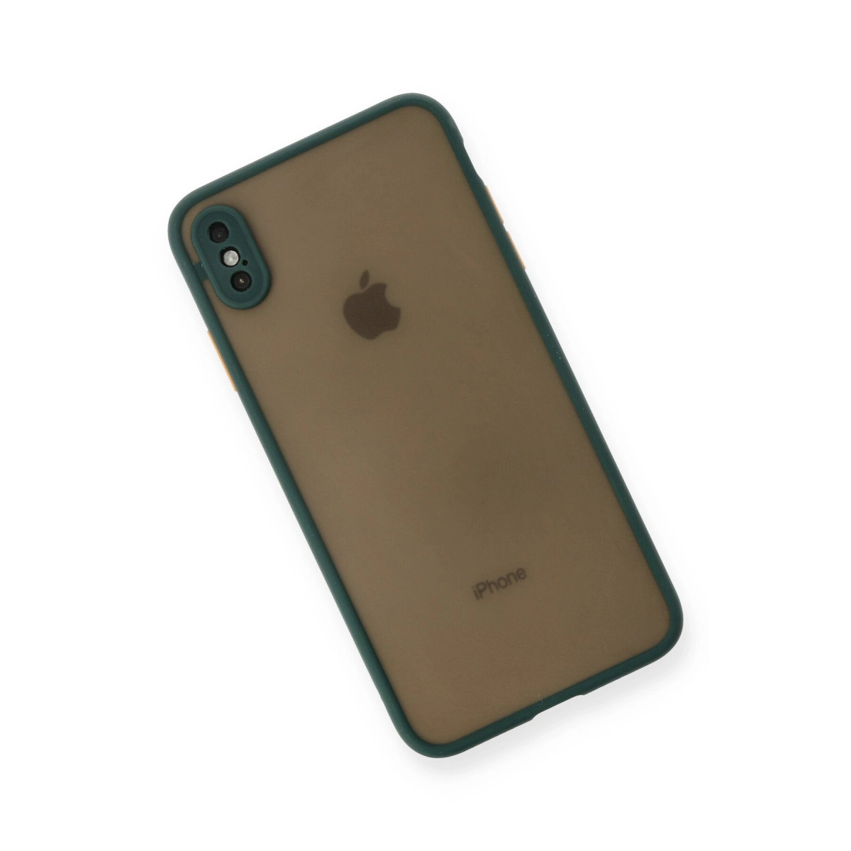 Koyu kenarlıklı ve kameralı kahverengi bir iPhone. Arkasında Apple logosu bulunur.
