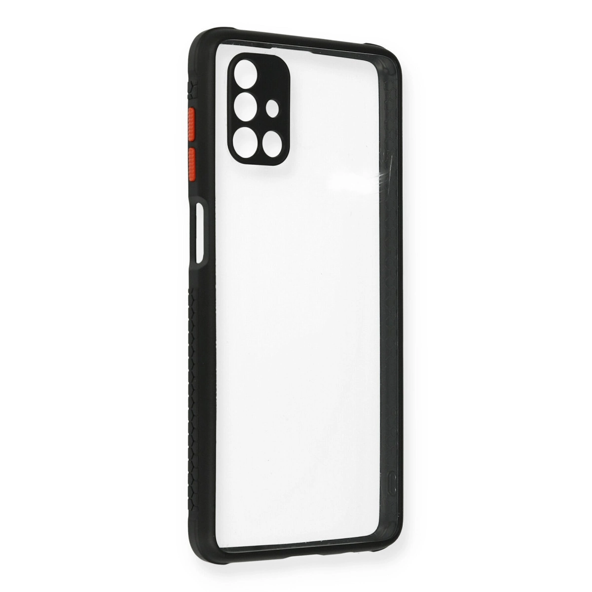 Şeffaf arka ve kamera kesimli siyah telefon kılıfı. Kırmızı düğmeler.