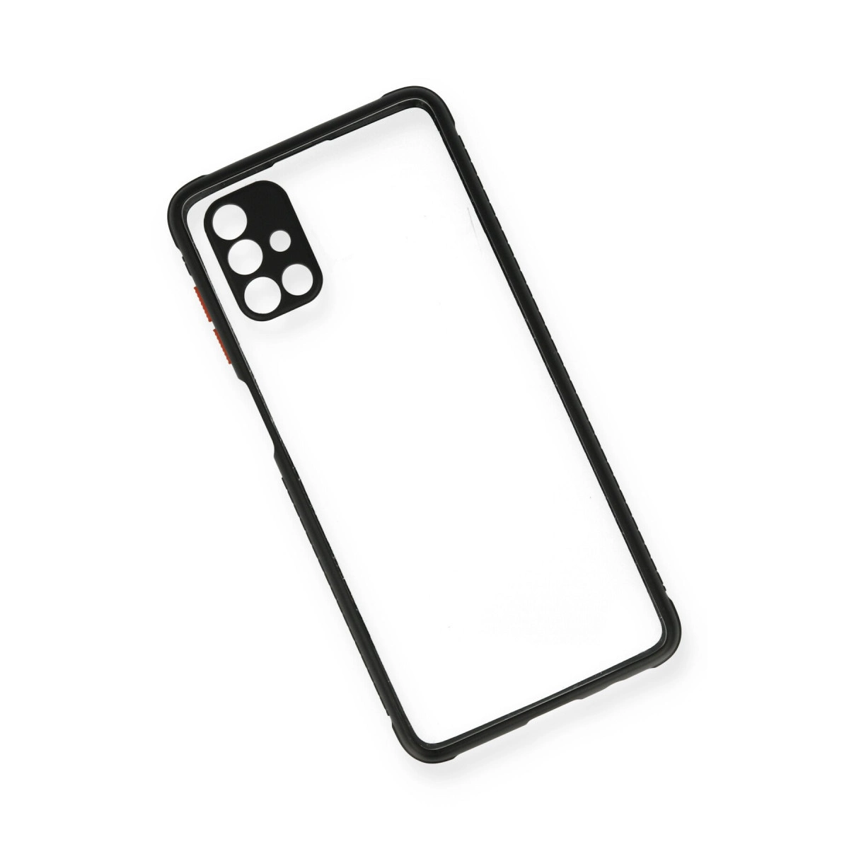 Siyah çerçeveli ve kamera kesimli şeffaf telefon kılıfı.
