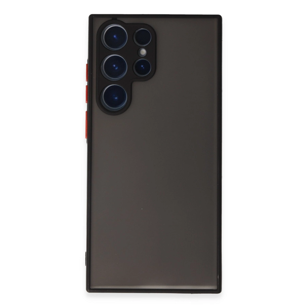 Beş kamera lensli, yanlarda kırmızı detaylı koyu gri telefon kılıfı.