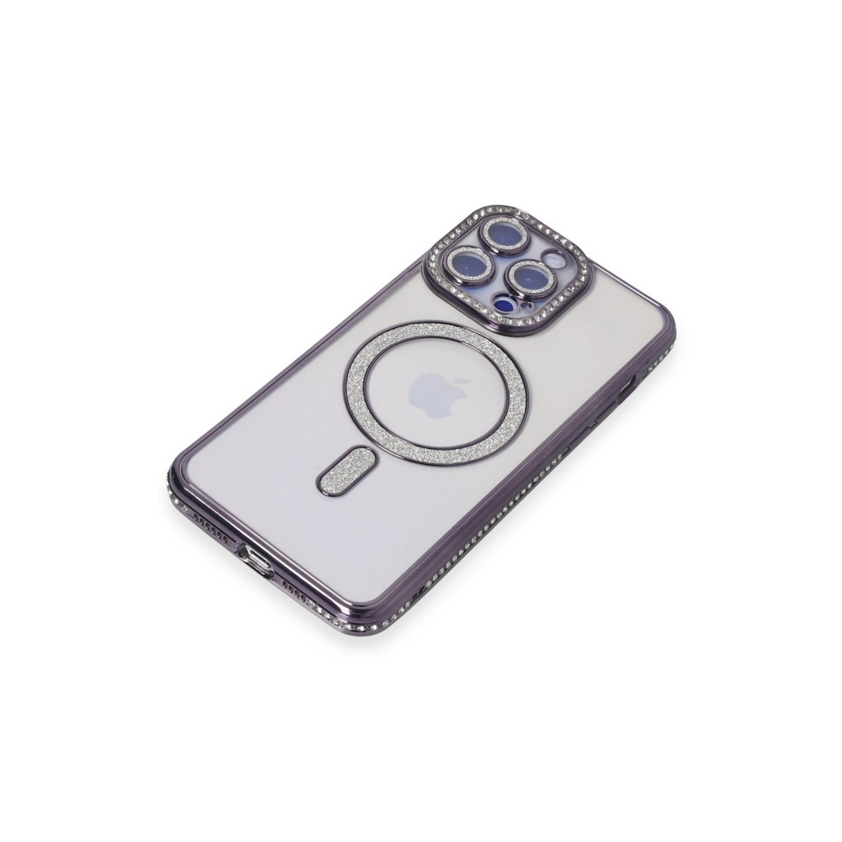 Kamera ve manyetik halkanın etrafında simli vurgular bulunan şeffaf iPhone kılıfı.