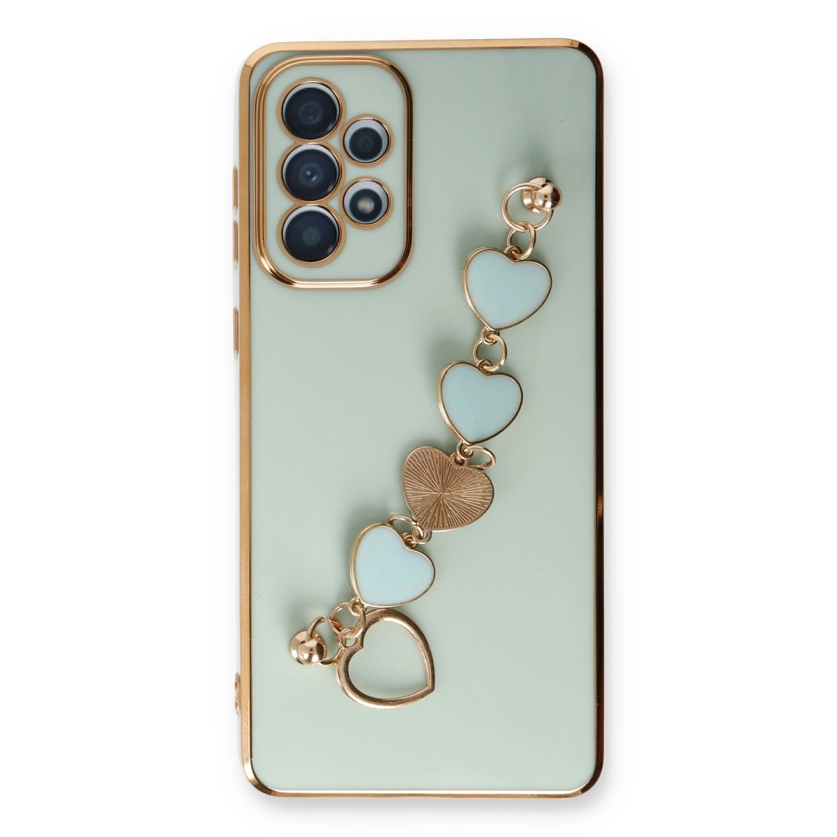 Altın kenarlı açık yeşil telefon kılıfı ve kalp charm bileklik.