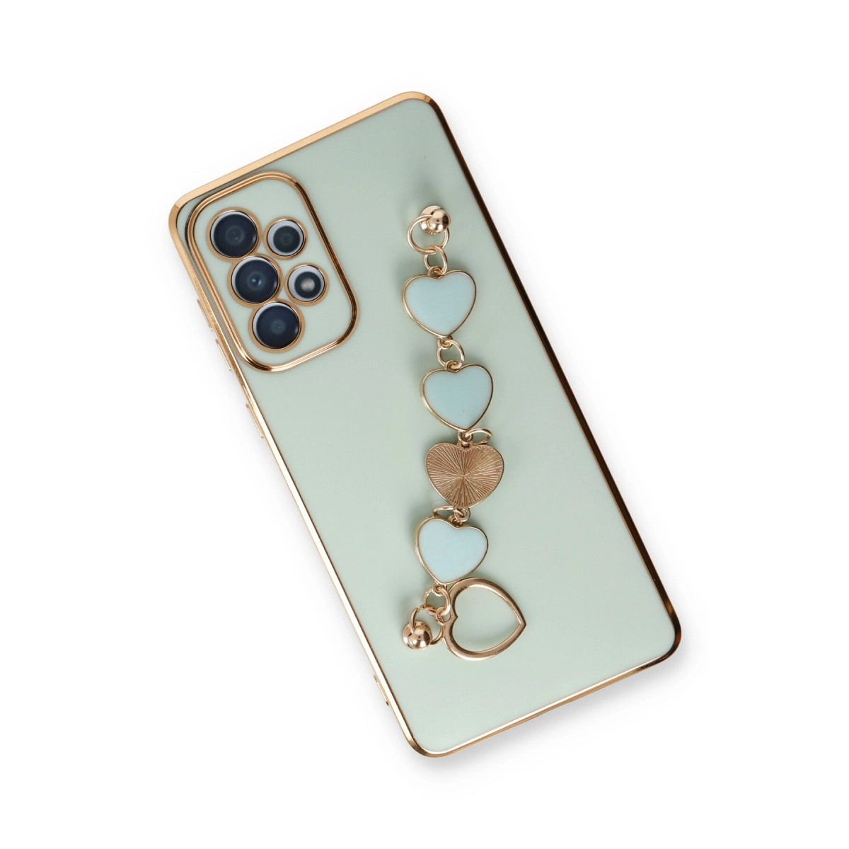Kamera modüllü, kalp charm bileklikli açık yeşil telefon.