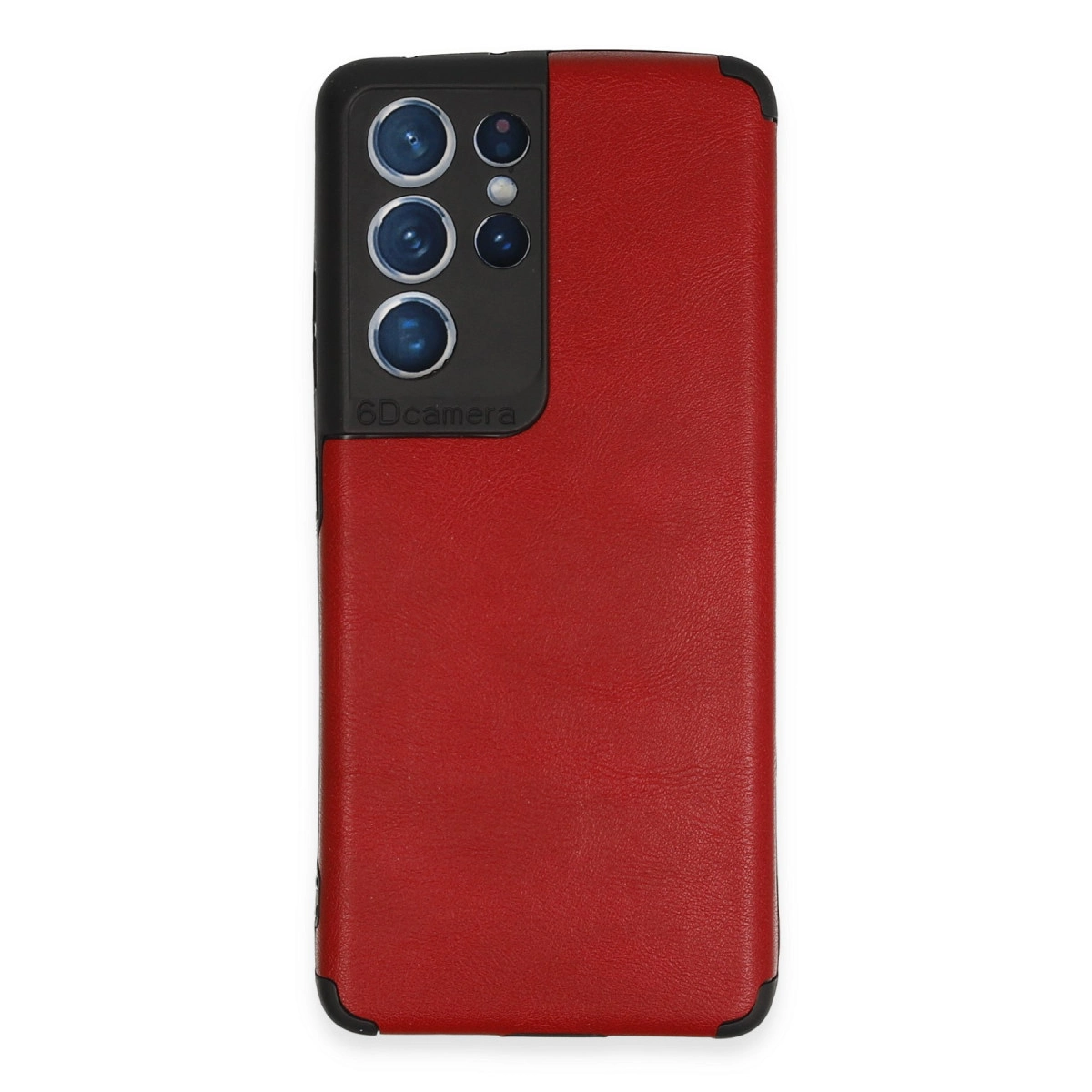 Birden fazla lensli siyah kamera modülüne sahip kırmızı telefon kılıfı.