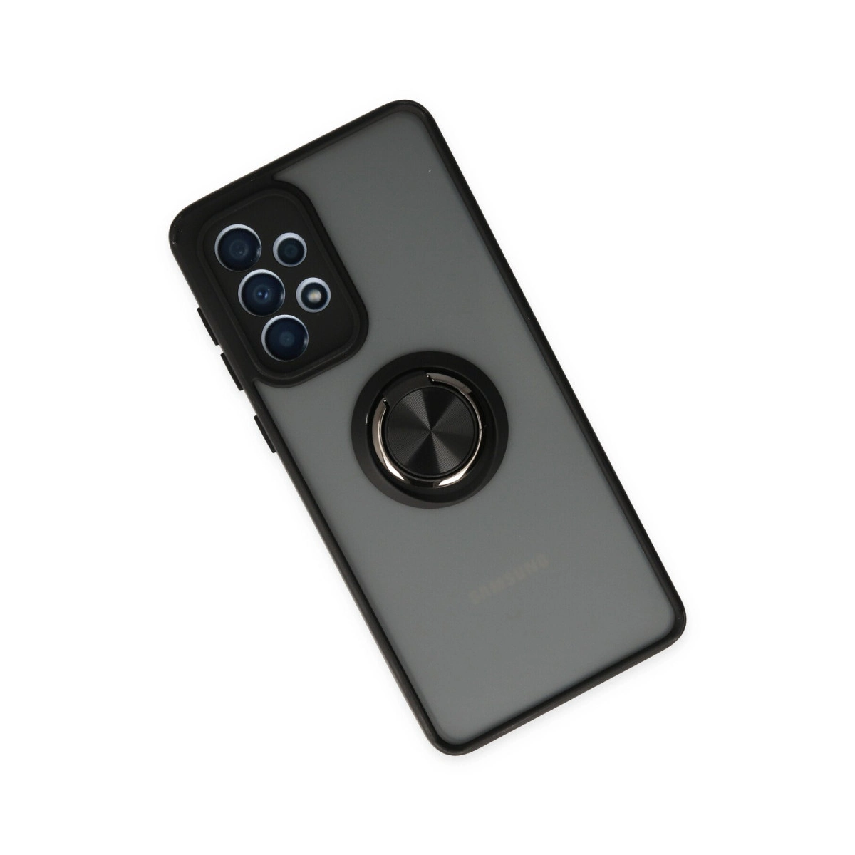 Arkada dört kamera ve halka tutucu bulunan gri bir telefon.