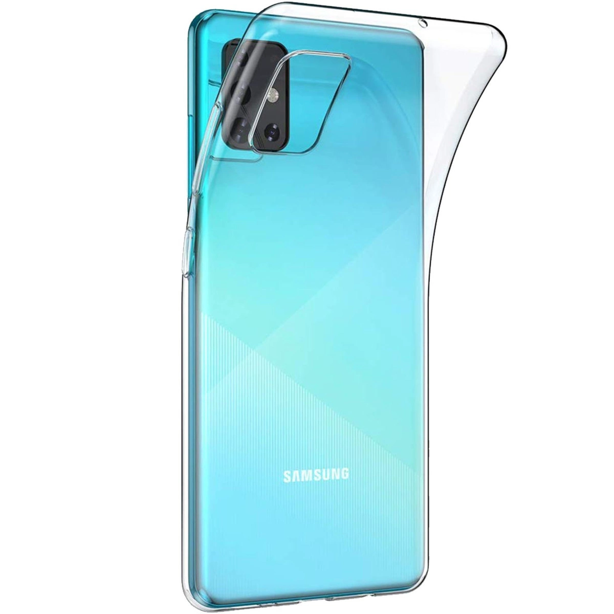 Arkadan görünen mavi Samsung telefon üzerinde şeffaf kılıf.